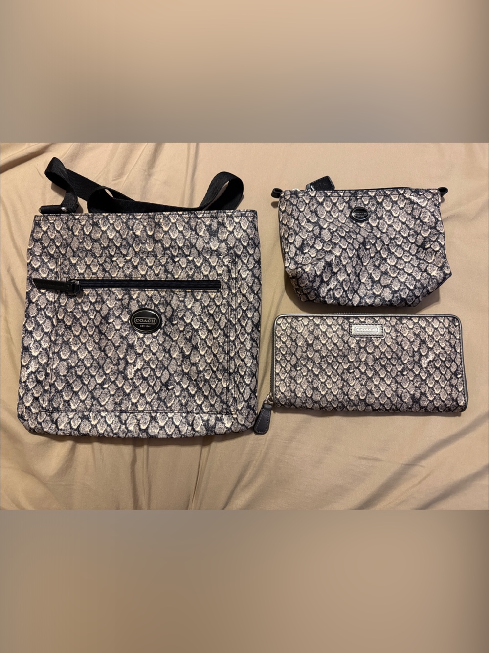 Coach Snake-Print Crossbody Bag with Matching Wallet and Pouch - Gray